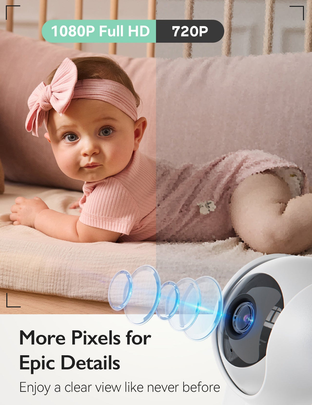 Momcozy BM03 baby monitor showcasing 1080P Full HD clarity and detail, with a baby, promoting clear views for parents.