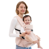 Momcozy Move2Fit Hip Seat Carrier in blush pink, baby held comfortably. Ergonomic design for mothers and babies.