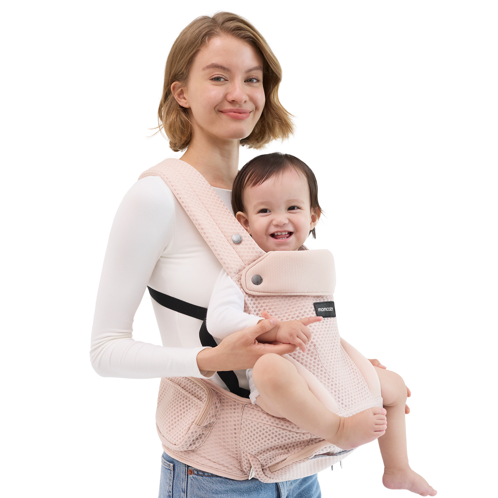 Momcozy Move2Fit Hip Seat Carrier in blush pink, baby held comfortably. Ergonomic design for mothers and babies.