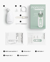 Momcozy Baby Nasal Aspirator BN02, complete set for baby congestion relief, featuring aspirator, tips, and accessories