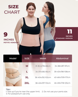 Momcozy Ergowrap Postpartum Belly Band size chart: Petite & Standard, waist, abdominal measurements, postpartum support.