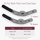 Momcozy Wander360 Hip Seat Carrier size chart, with measurements for mom and dad, featuring Regular (M) and Plus (L) sizes.