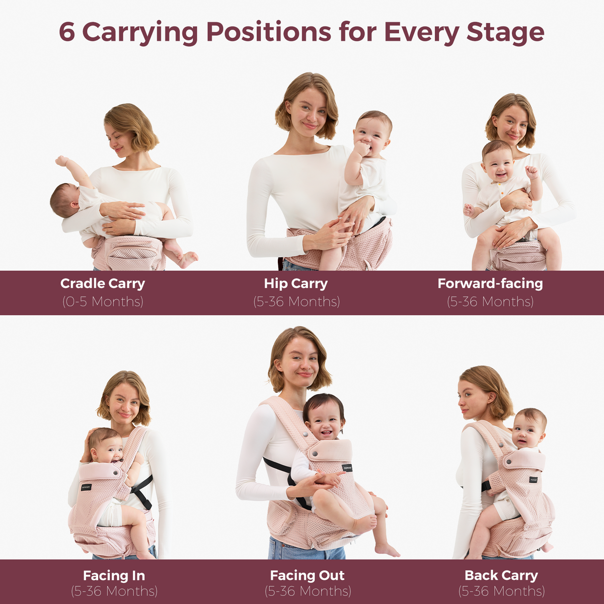 Momcozy carrier: 6 carry positions. Blush pink, ergonomic design. Cradle, Hip, Forward, Back. Comfortable baby carrier.
