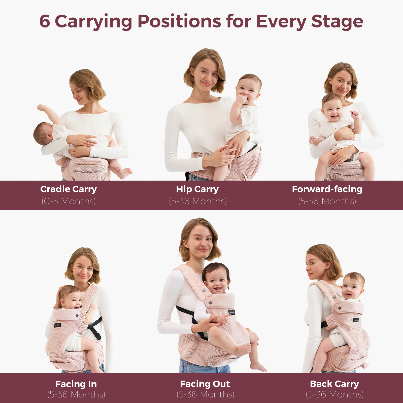 Momcozy carrier: 6 carry positions. Blush pink, ergonomic design. Cradle, Hip, Forward, Back. Comfortable baby carrier.