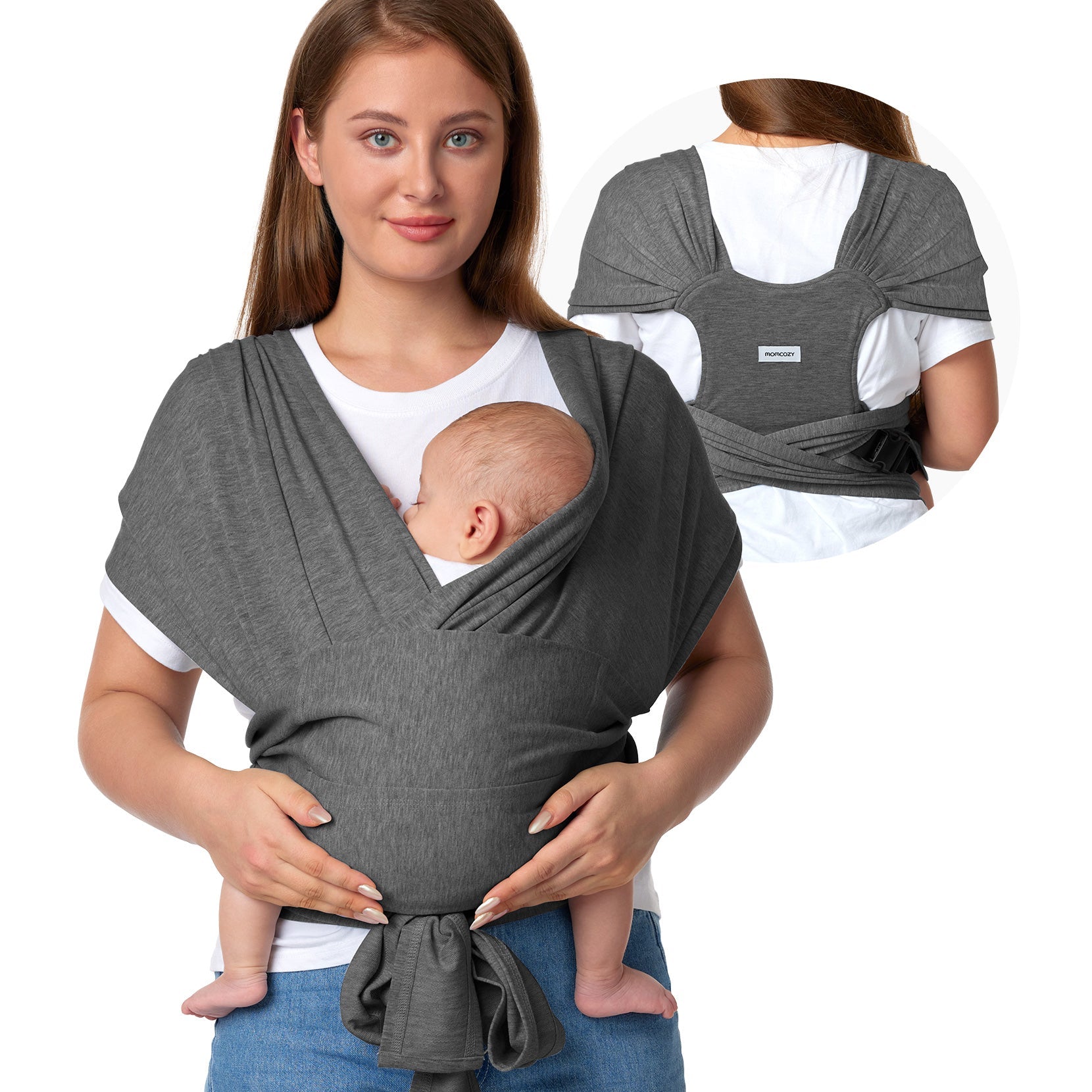 Momcozy gray baby wrap carrier, hands-free babywearing for comfort and support. Perfect for bonding.