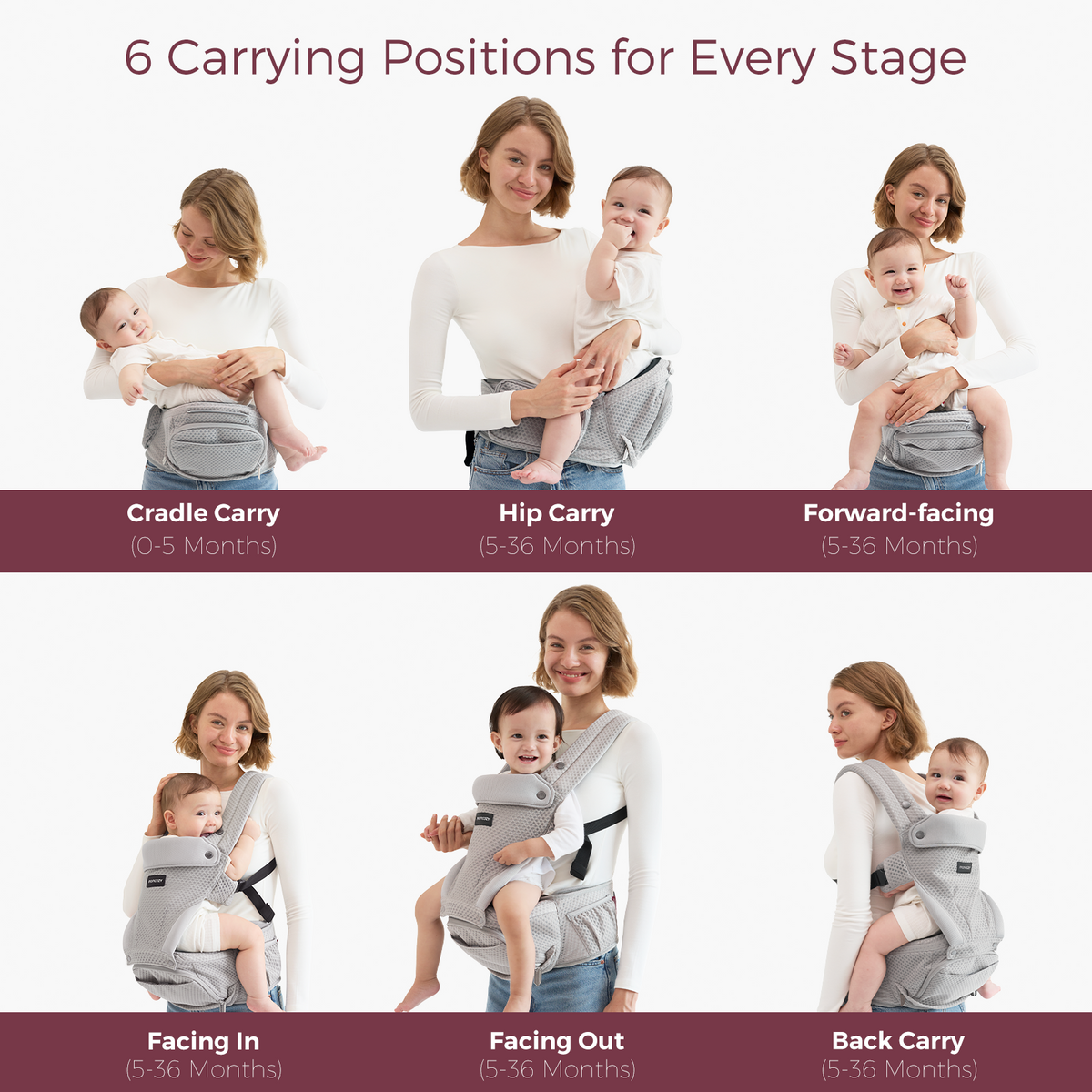 Momcozy Hip Seat Carrier with 6 carry styles: Cradle, Hip, Forward, Facing, and Back. Light gray carrier, ergonomic design for baby.