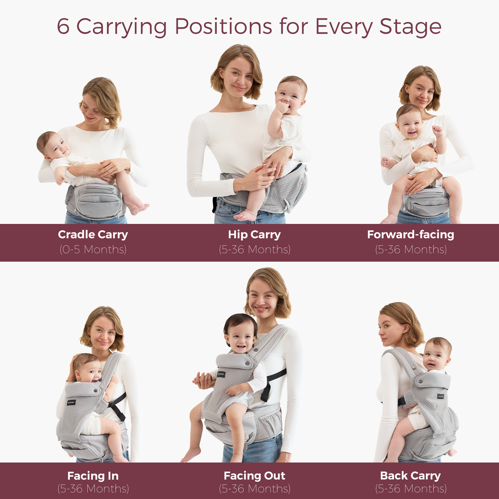 Momcozy Hip Seat Carrier with 6 carry styles: Cradle, Hip, Forward, Facing, and Back. Light gray carrier, ergonomic design for baby.