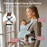 Light blue Momcozy baby carrier, offering comfort and support with optimal weight distribution for fatigue-free baby carrying.