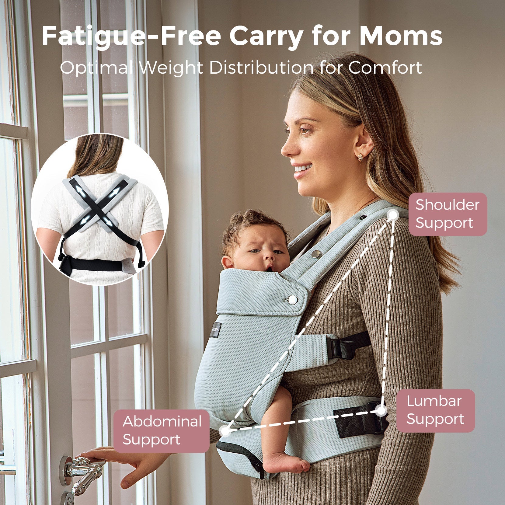 Light blue Momcozy baby carrier, offering comfort and support with optimal weight distribution for fatigue-free baby carrying.