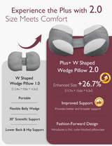 Comparison of W Shaped Pregnancy Wedge Pillows 1.0 and 2.0 with Cooling Cover, showcasing upgraded size and support features.