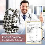 Momcozy PureHug baby carrier in houndstooth pattern, CPSC certified for babywearing comfort and safety, doctor approved.