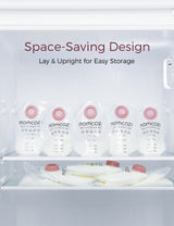 Momcozy screw-on breast milk storage bags arranged upright in fridge to maximize space and convenience.