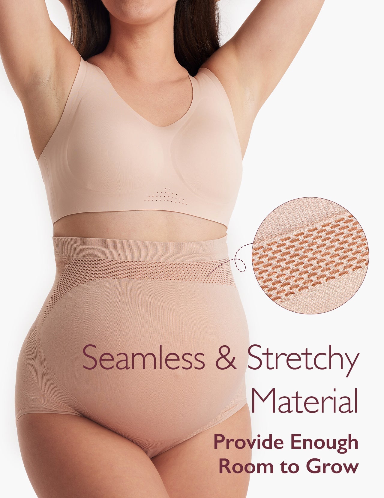 Oyster Pink high waist seamless belly support panties for pregnancy with stretchy material.