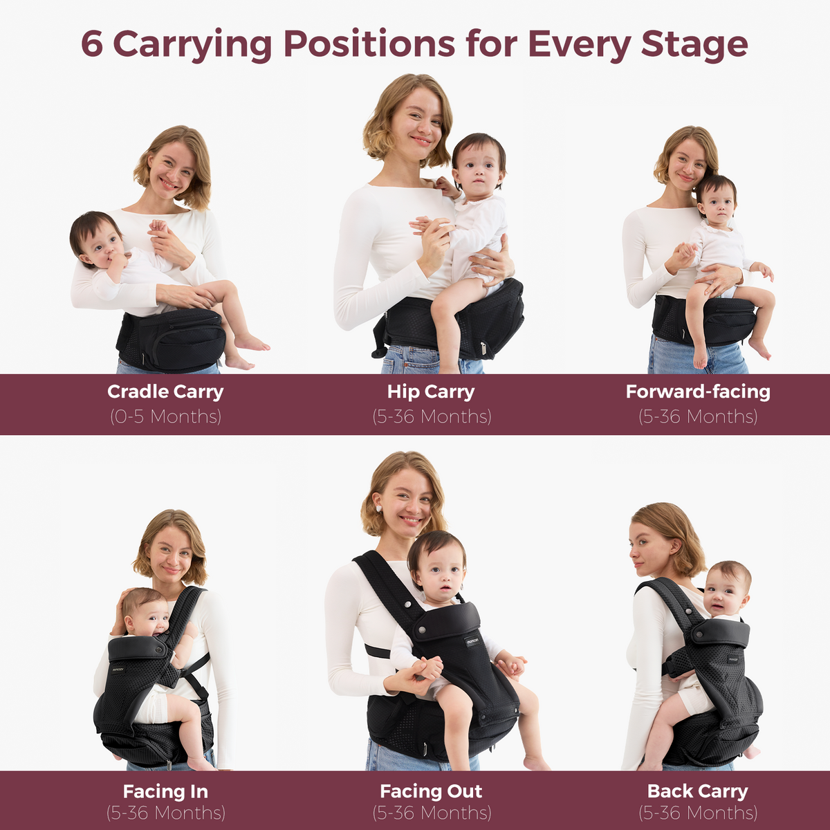 Momcozy Move2Fit Hip Seat Carrier: 6 carry styles. Black carrier for baby and mother. Cradle, Hip, Front, Back options.