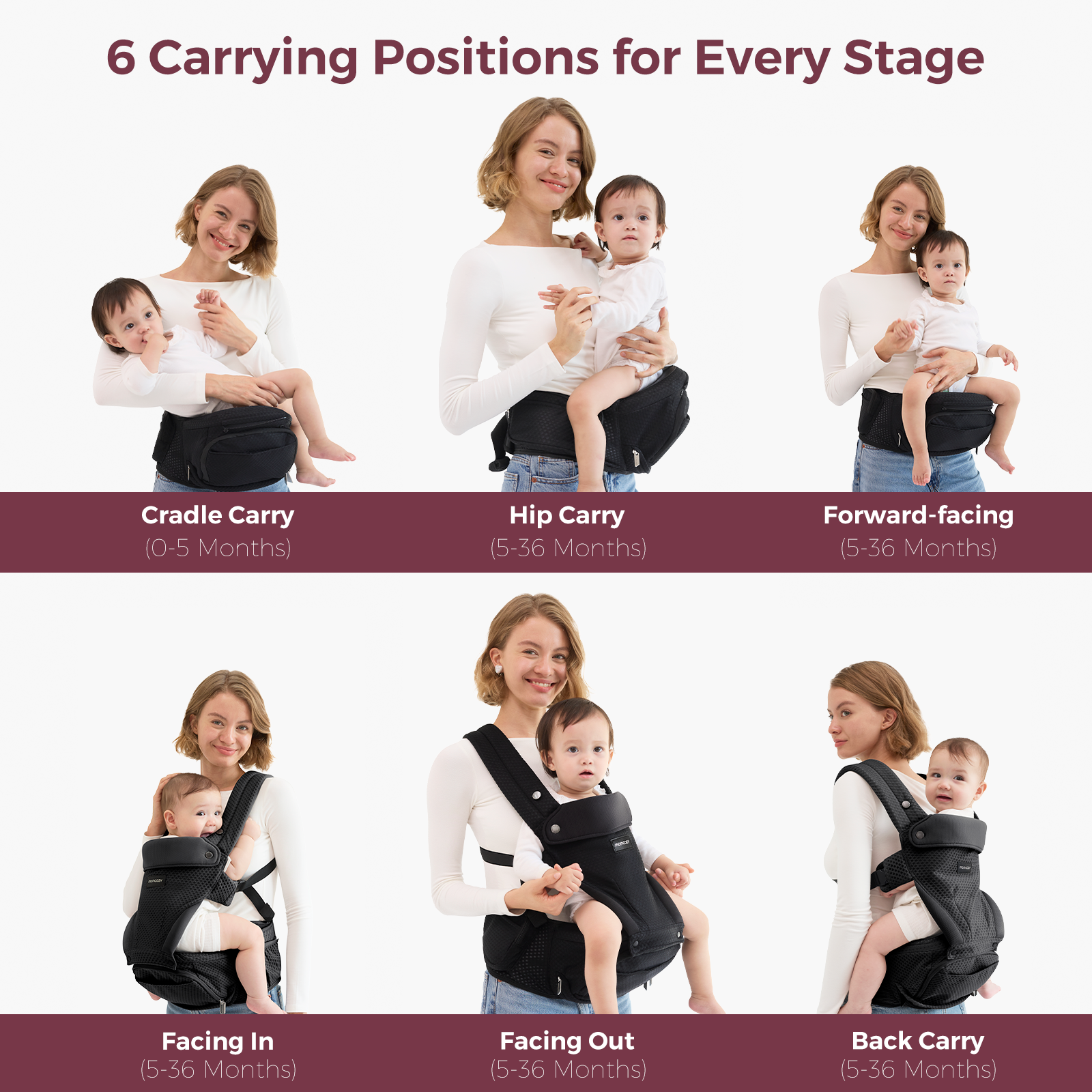 Momcozy Move2Fit Hip Seat Carrier: 6 carry styles. Black carrier for baby and mother. Cradle, Hip, Front, Back options.
