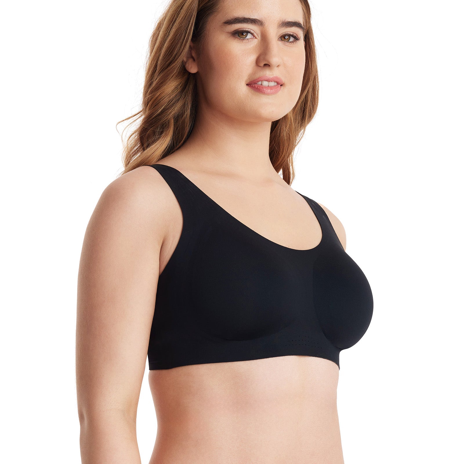 Black wireless full-coverage bra featuring a seamless design for comfort and a smooth fit.
