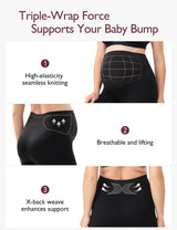Triple-wrap maternity leggings supporting baby bump with high elasticity and breathability.
