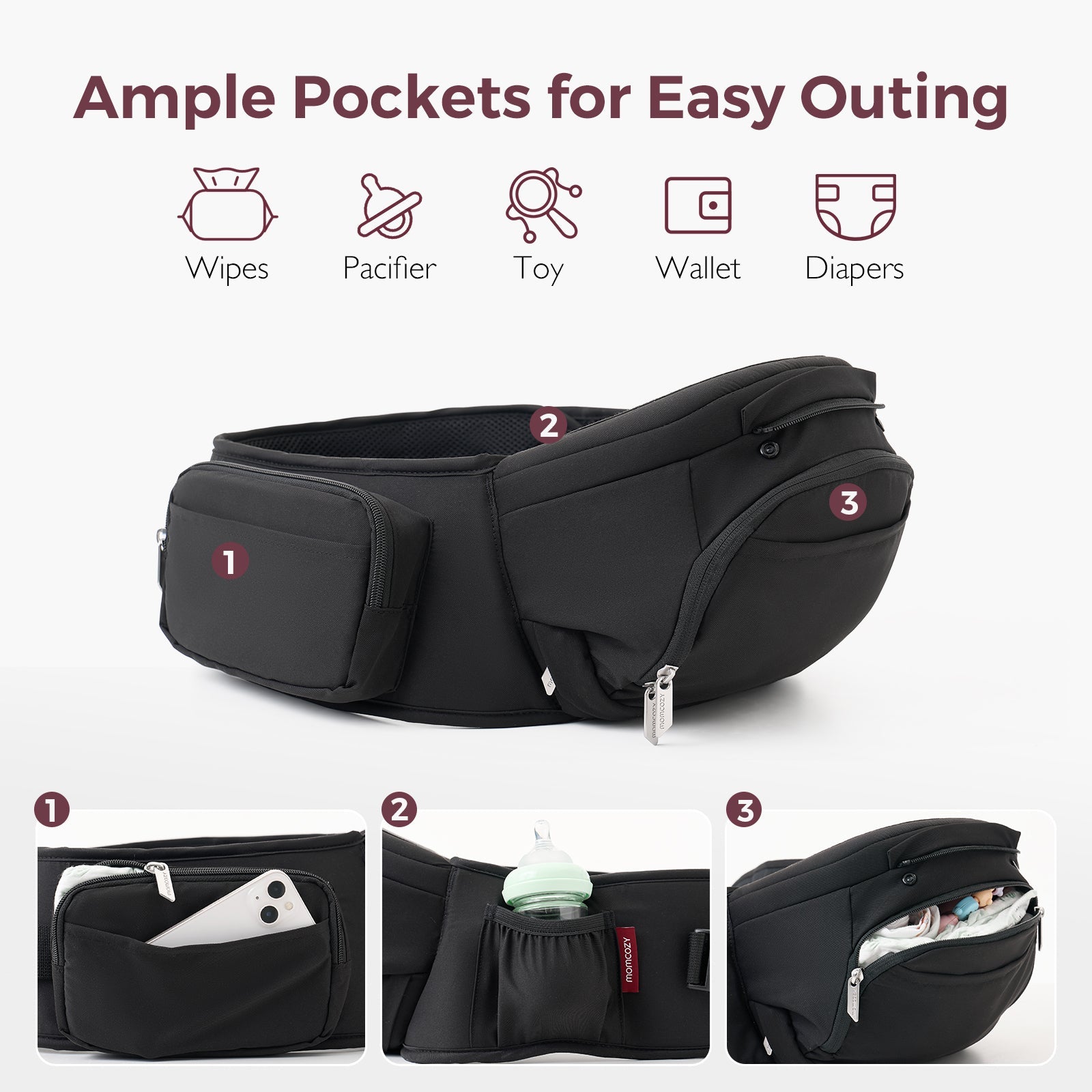 Momcozy Move2Fit Hip Seat Carrier in black, featuring ample pockets for baby essentials