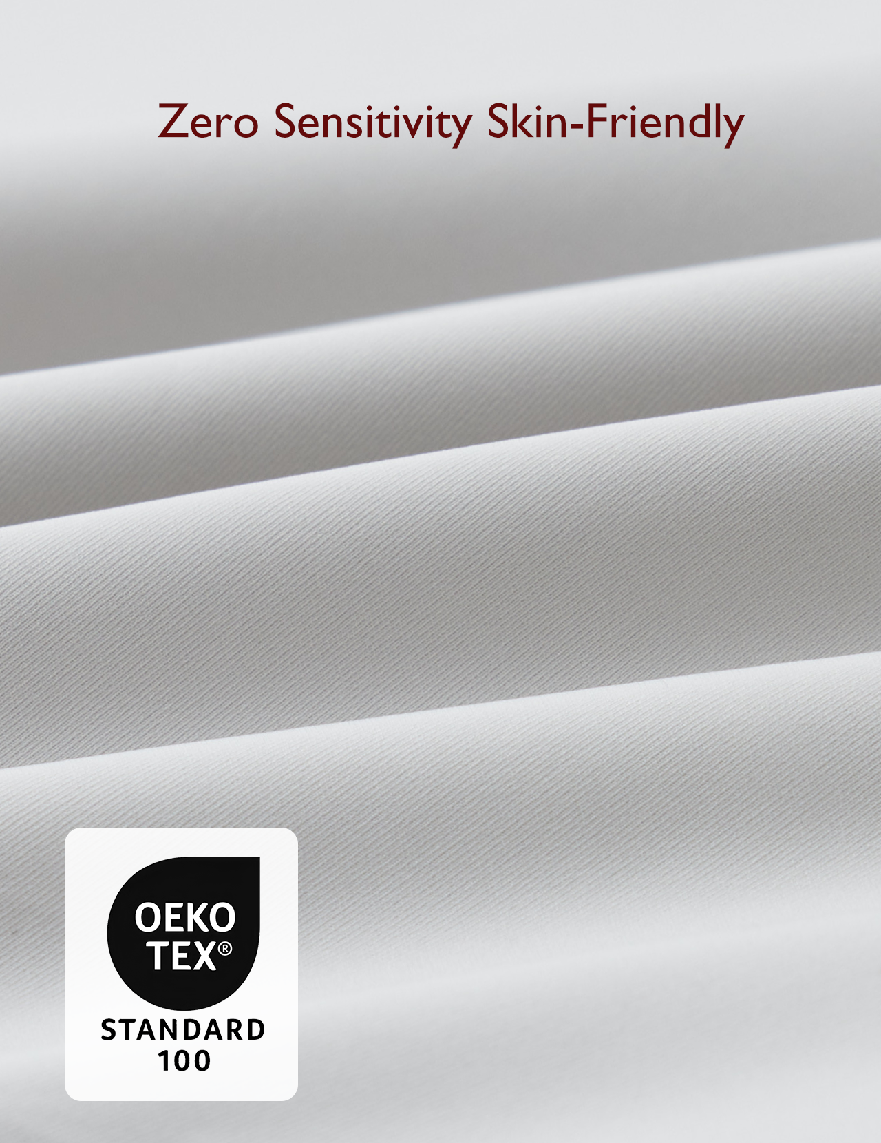 Close-up of fabric showcasing zero sensitivity and Oeko-Tex certification for comfort.