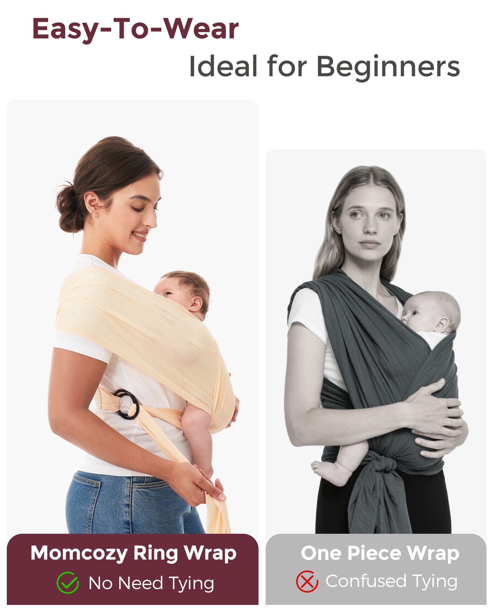 Momcozy ring wrap, easy-to-wear baby carrier, compared to one-piece wrap. Beginners-friendly, no tying needed.