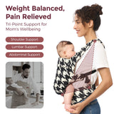 Momcozy PureHug carrier, houndstooth pattern. Provides shoulder, lumbar, and abdominal support for moms. Weight balanced.