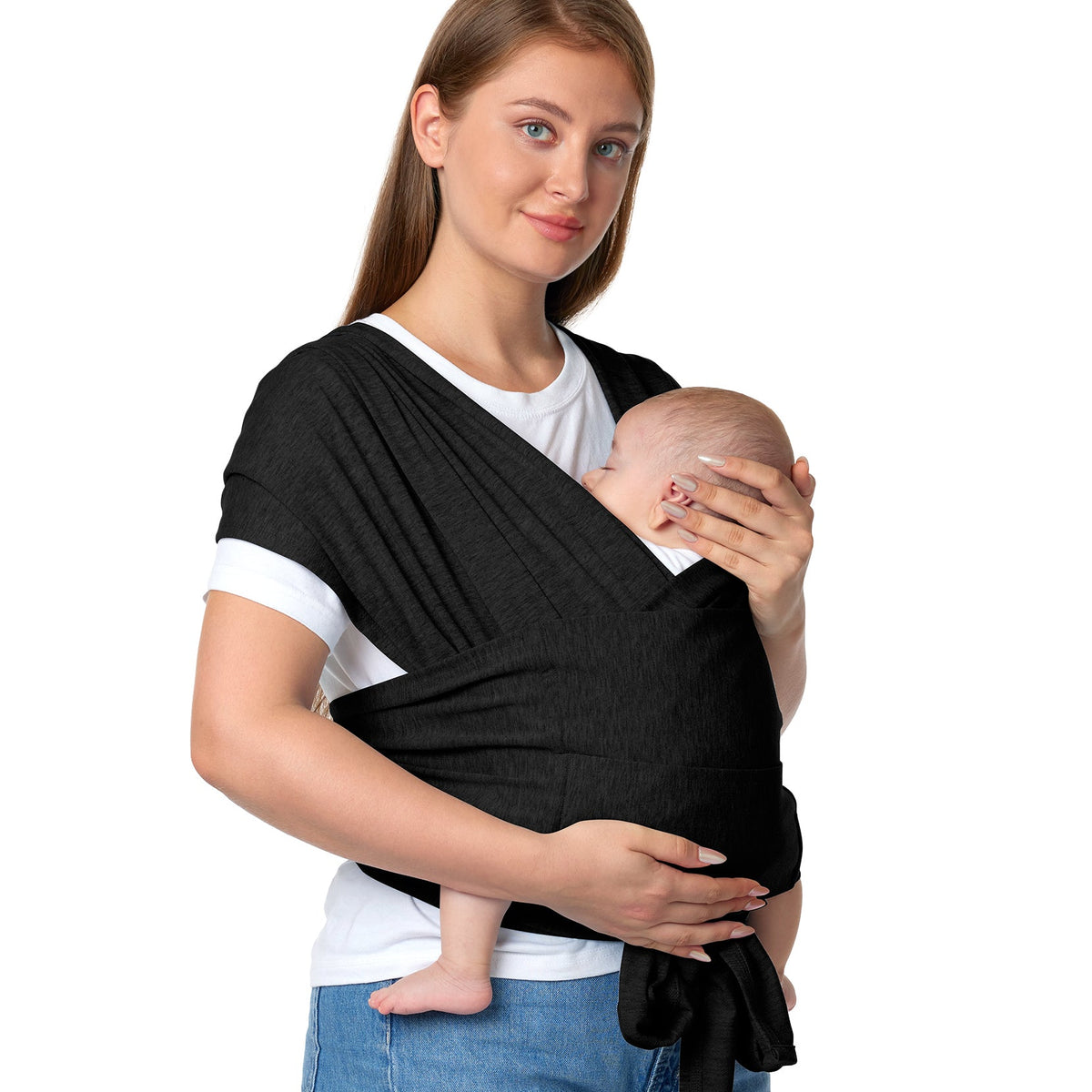 Black baby wrap carrier held by a woman, providing hands-free support for baby.