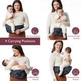 Momcozy Wander360 Hip Seat Carrier showcasing 4 carrying positions: Hip, Forward-Facing, and Cradle/Feeding position.