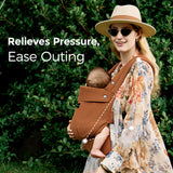 Momcozy GentleTouch baby carrier, brown carrier with baby, ease outings, relieve pressure, comfortable design
