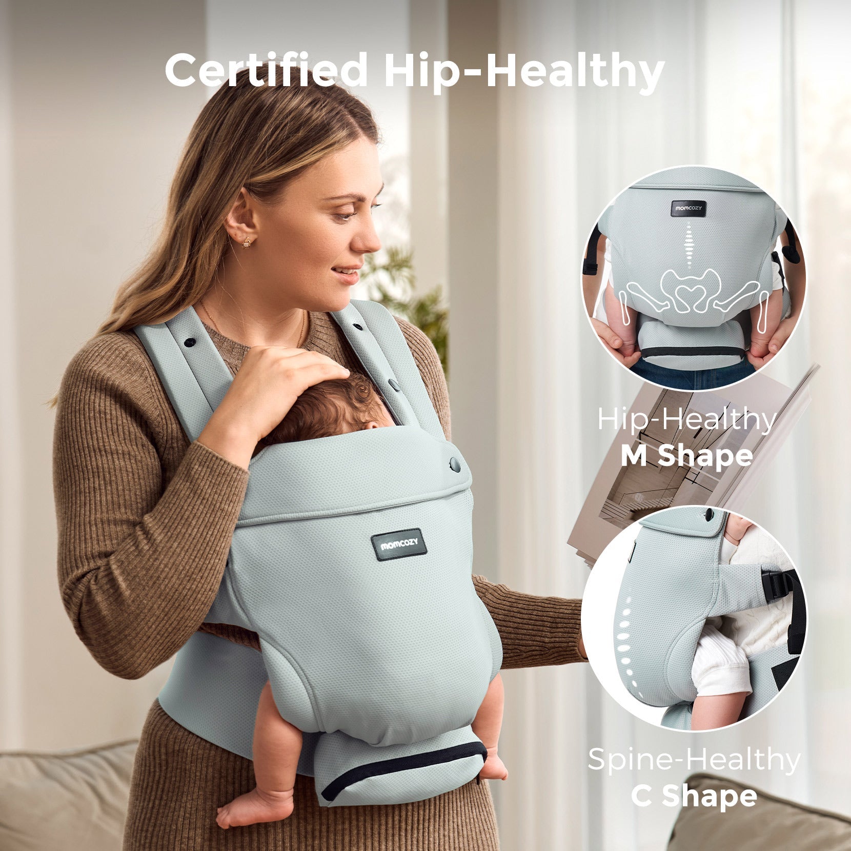 Momcozy baby carrier in light blue, designed for hip and spine health, showing baby in an ergonomic M and C shape position
