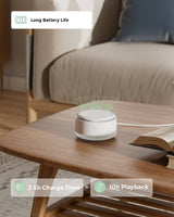 Momcozy Portable Baby Sound Machine showing long battery life, 2.5h charge for 10h playback, for baby sleep, white design.