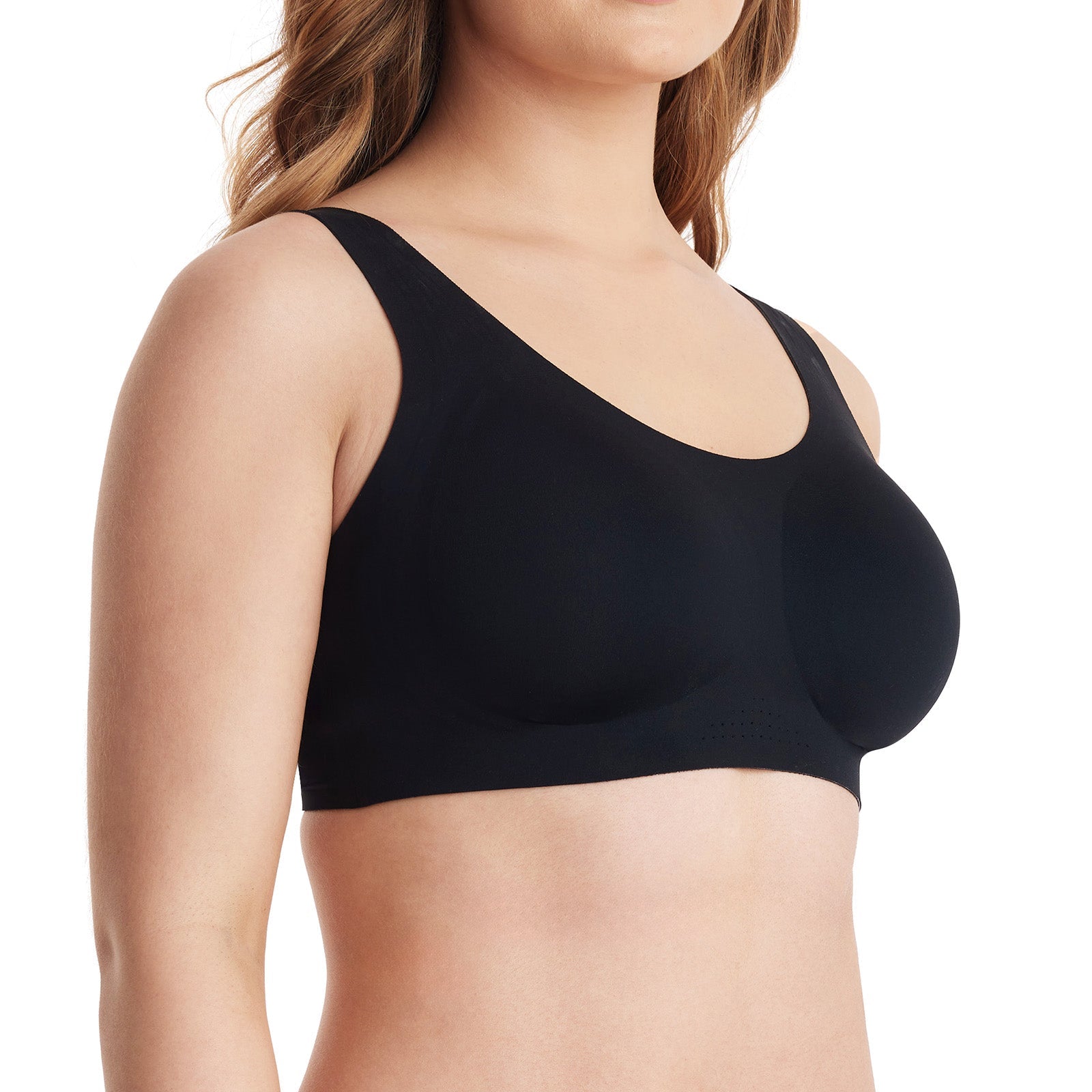 Black wireless full-coverage bra designed for seamless comfort and everyday wear.