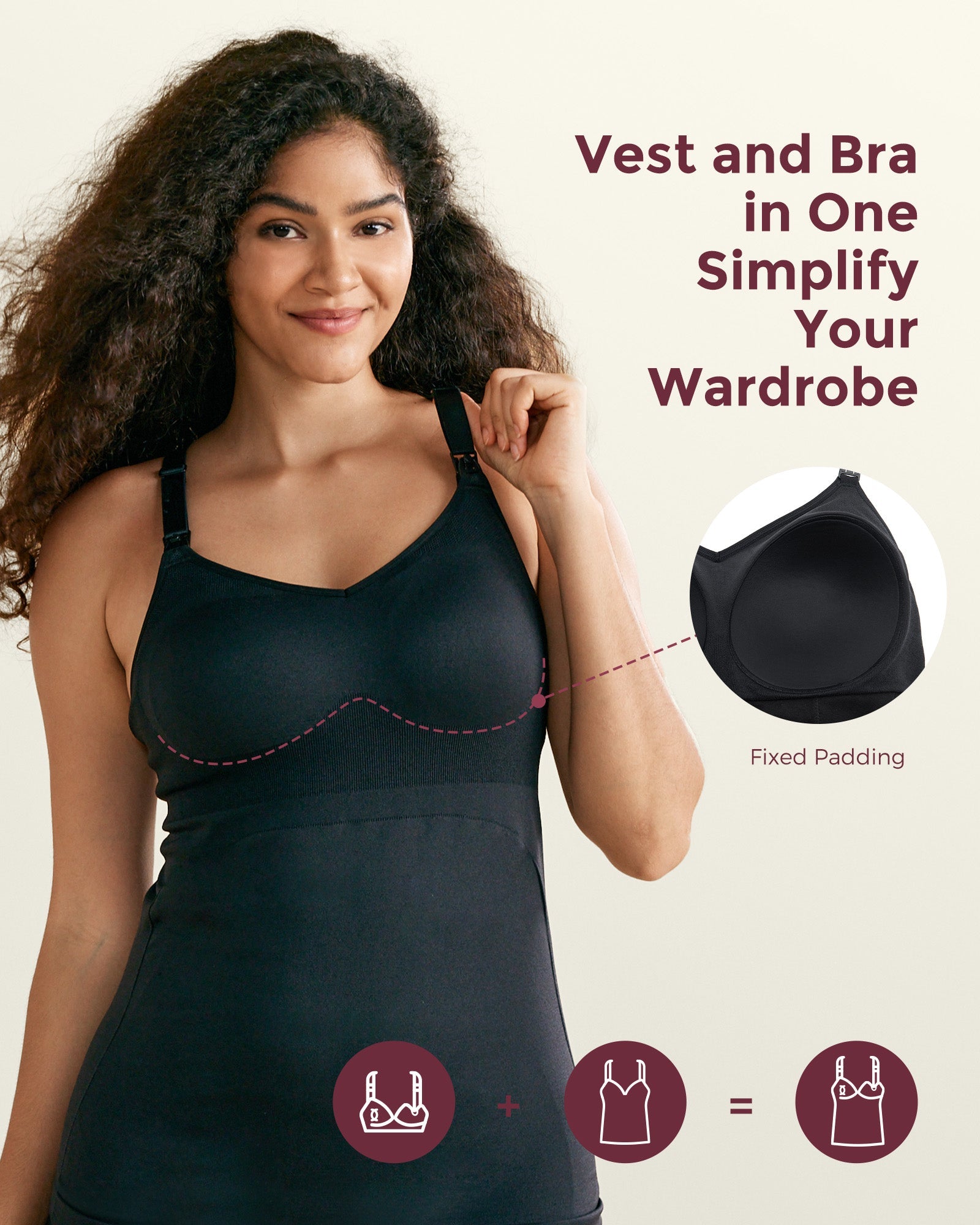Black pumping & nursing tank top with fixed padding, combining vest and bra for convenience.