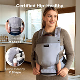 Momcozy baby carrier, ergonomic design, certified hip-healthy, supports hip and spine health in light gray.