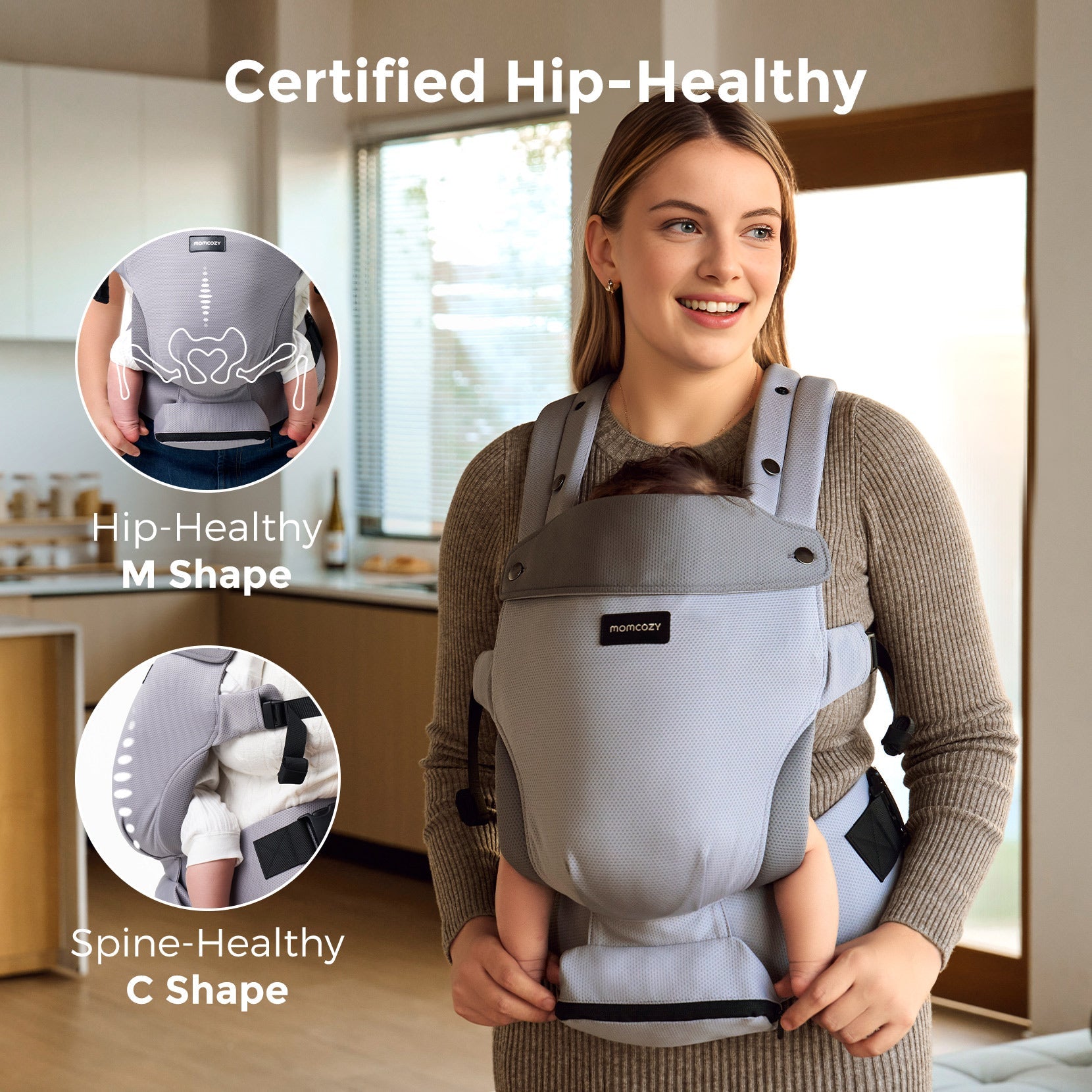 Momcozy baby carrier, ergonomic design, certified hip-healthy, supports hip and spine health in light gray.