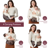 Momcozy Wander360 Hip Seat Carrier with 4 carrying positions, leopard print for babywearing comfort and style.