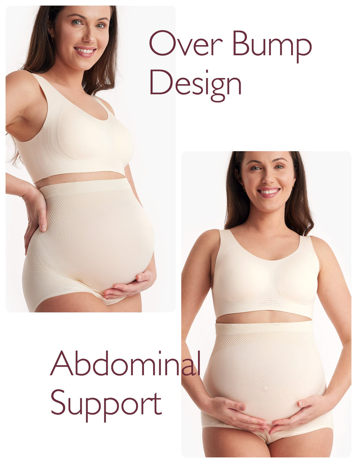 Almond high waist seamless panties for pregnancy featuring over bump design and abdominal support.