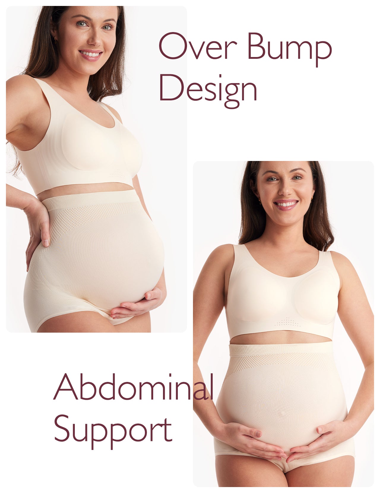 Almond high waist seamless panties for pregnancy featuring over bump design and abdominal support.