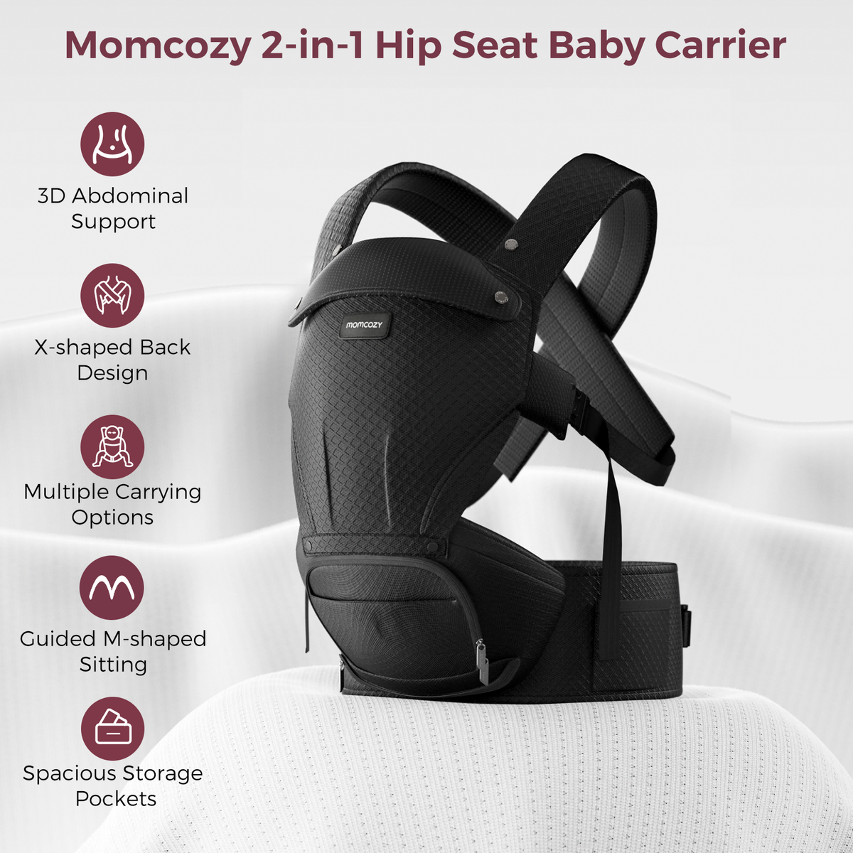 Momcozy Move2Fit Hip Seat Carrier - Black. Features: 3D support, multiple carrying options, and ample storage pockets.