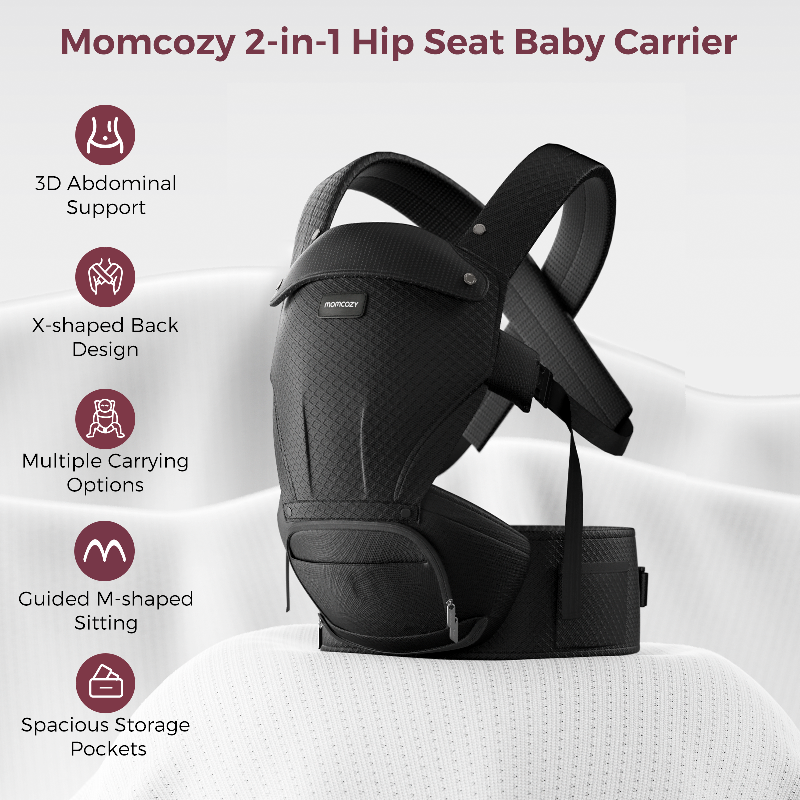 Momcozy Move2Fit Hip Seat Carrier - Black. Features: 3D support, multiple carrying options, and ample storage pockets.