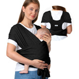 Momcozy black baby wrap carrier, offering hands-free convenience for parents, visible logo, baby's comfort