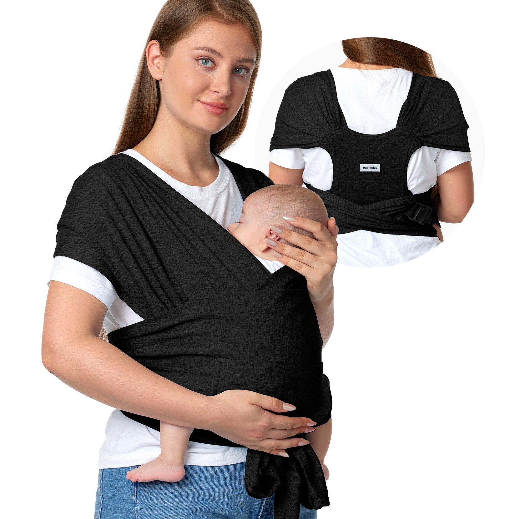 Momcozy black baby wrap carrier, offering hands-free convenience for parents, visible logo, baby's comfort