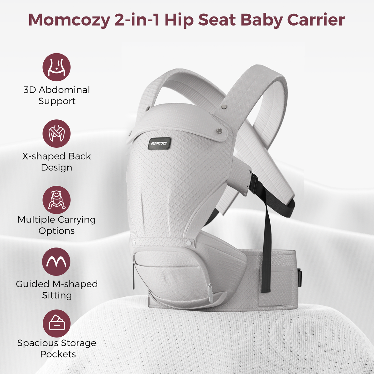 Momcozy Move2Fit Hip Seat Baby Carrier in light gray, featuring 3D support, multiple carrying options and spacious pockets