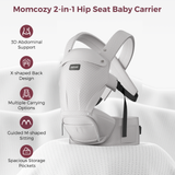 Momcozy Move2Fit Hip Seat Baby Carrier in light gray, featuring 3D support, multiple carrying options and spacious pockets