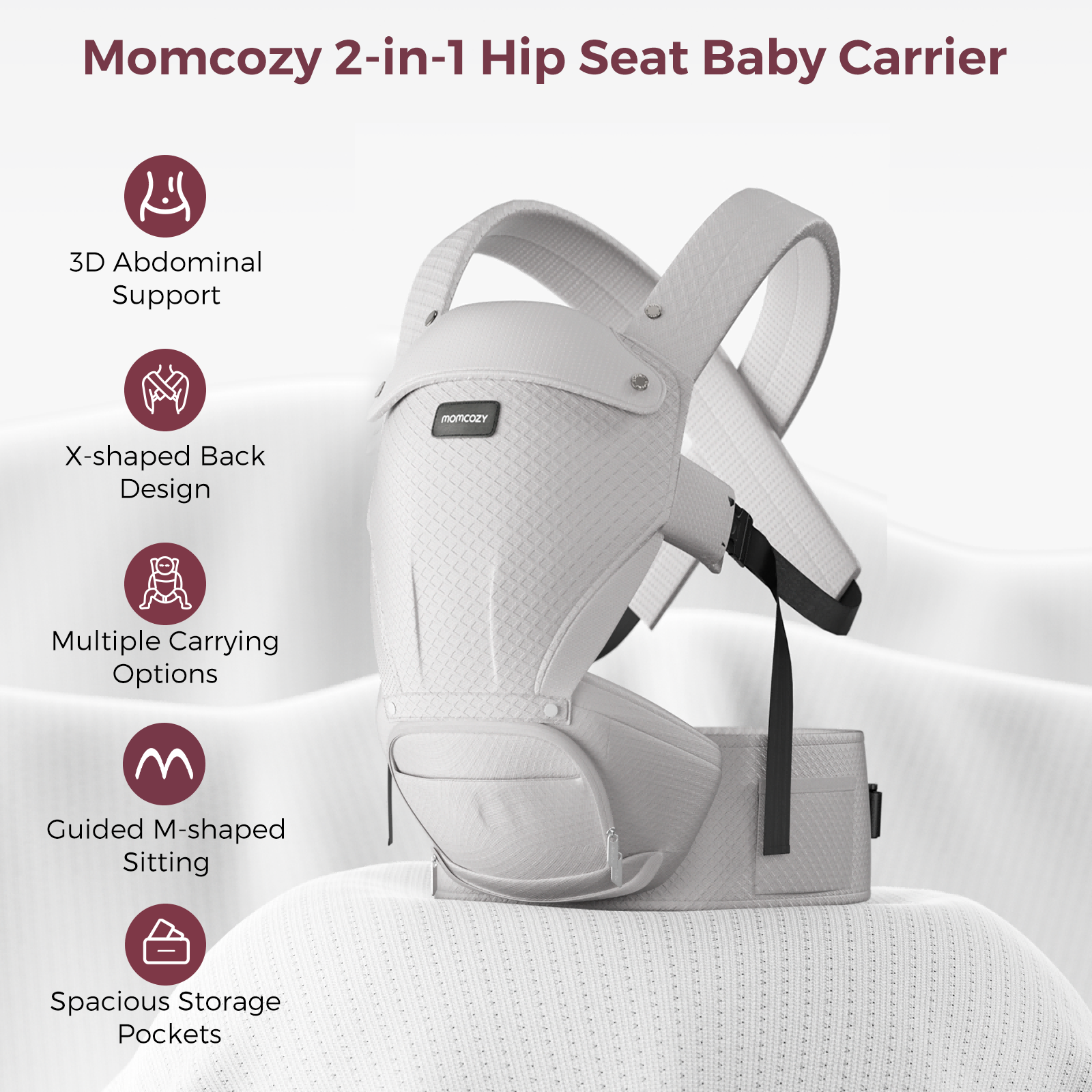 Momcozy Move2Fit Hip Seat Baby Carrier in light gray, featuring 3D support, multiple carrying options and spacious pockets