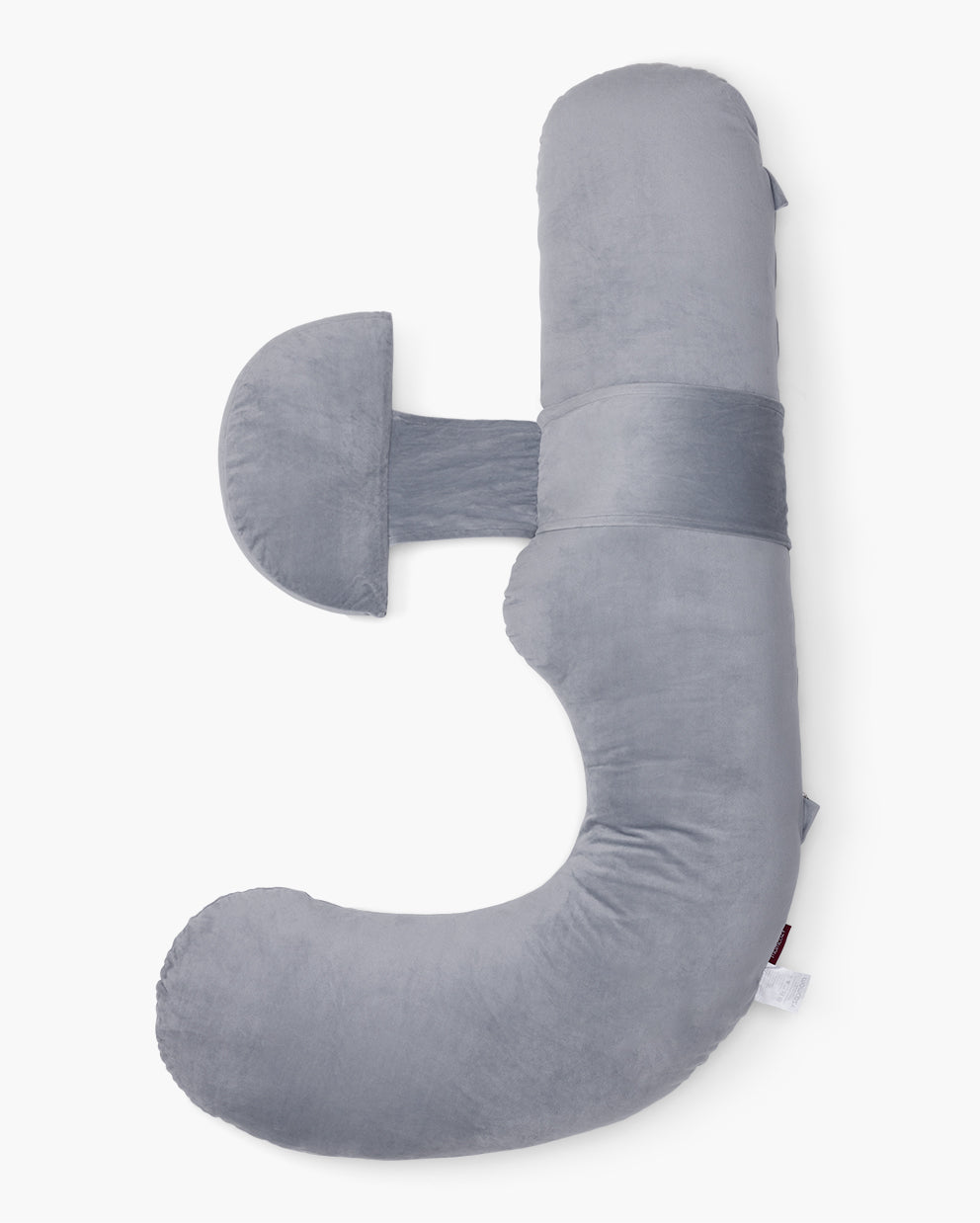 Gray F-shaped pregnancy pillow with adjustable wedge for pregnant women. Provides comfortable full body and belly support.