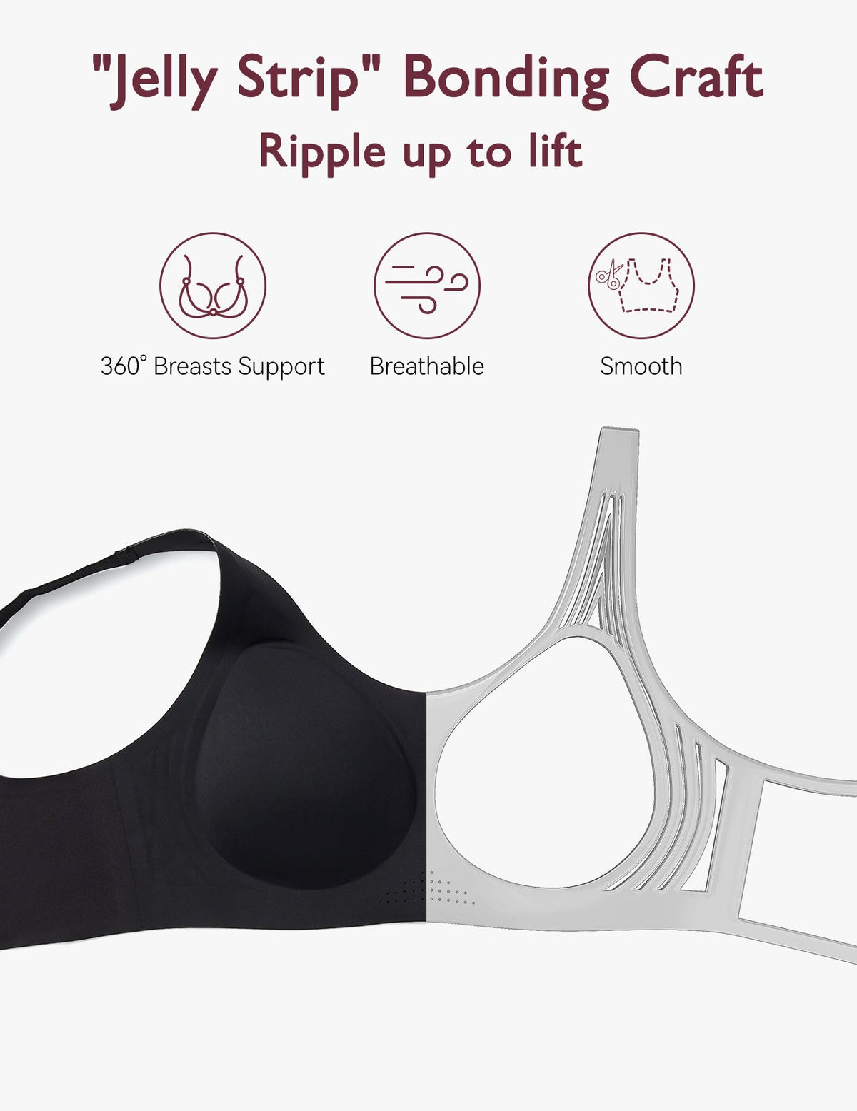 Jelly Strip technology enhances lift and support in Momcozy's wireless full-coverage bra.