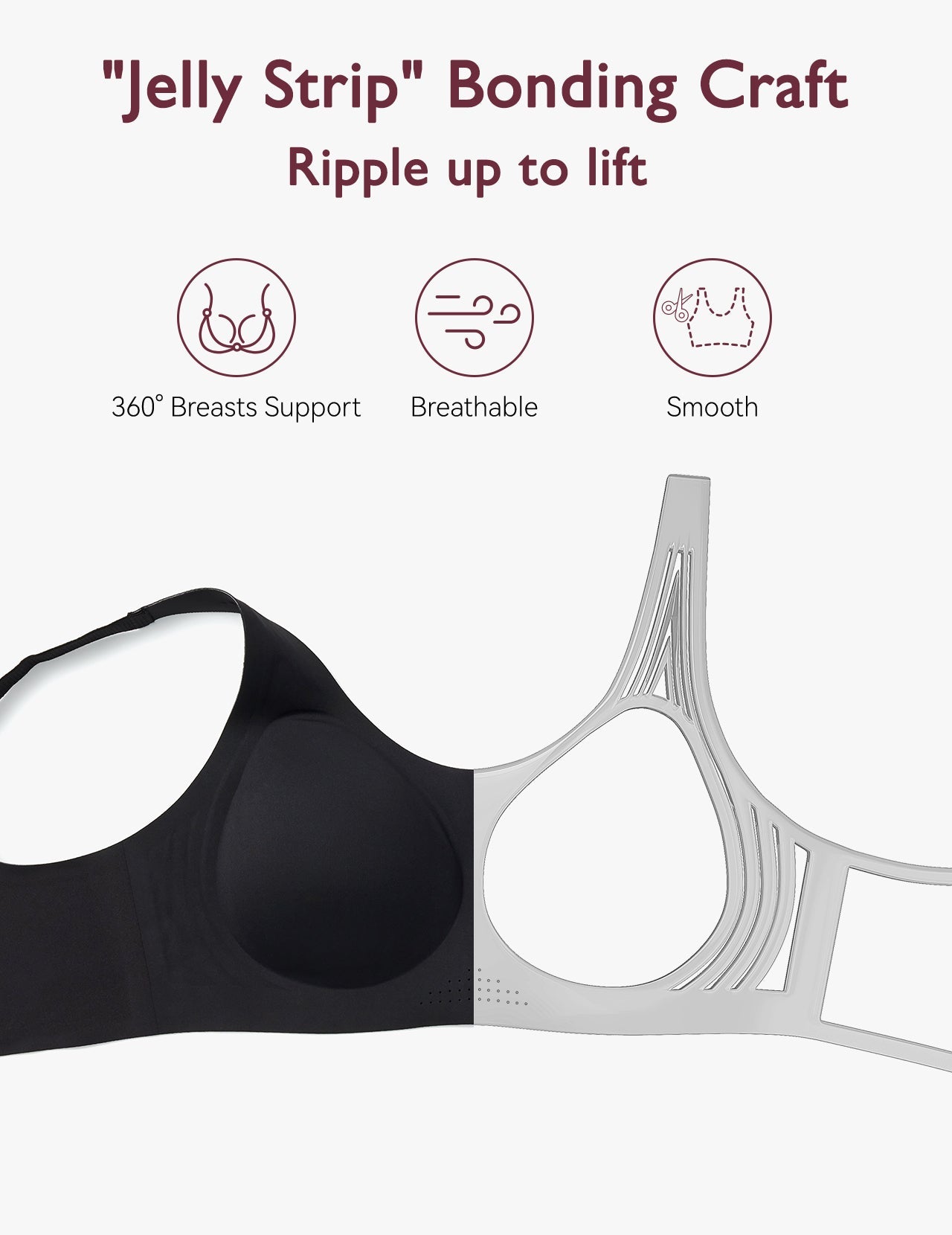 Jelly Strip technology enhances lift and support in Momcozy's wireless full-coverage bra.
