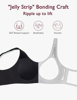 Jelly Strip technology enhances lift and support in Momcozy's wireless full-coverage bra.