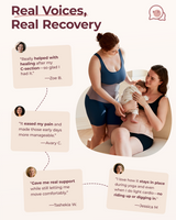 Mothers wearing the Momcozy Ergowrap Postpartum Belly Band, showcasing product reviews and testimonials about comfort and support.
