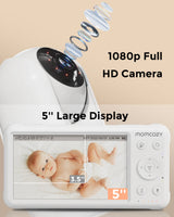 Momcozy 1080P Video Baby Monitor with 5" display and 1080P Full HD camera, showing a baby on screen